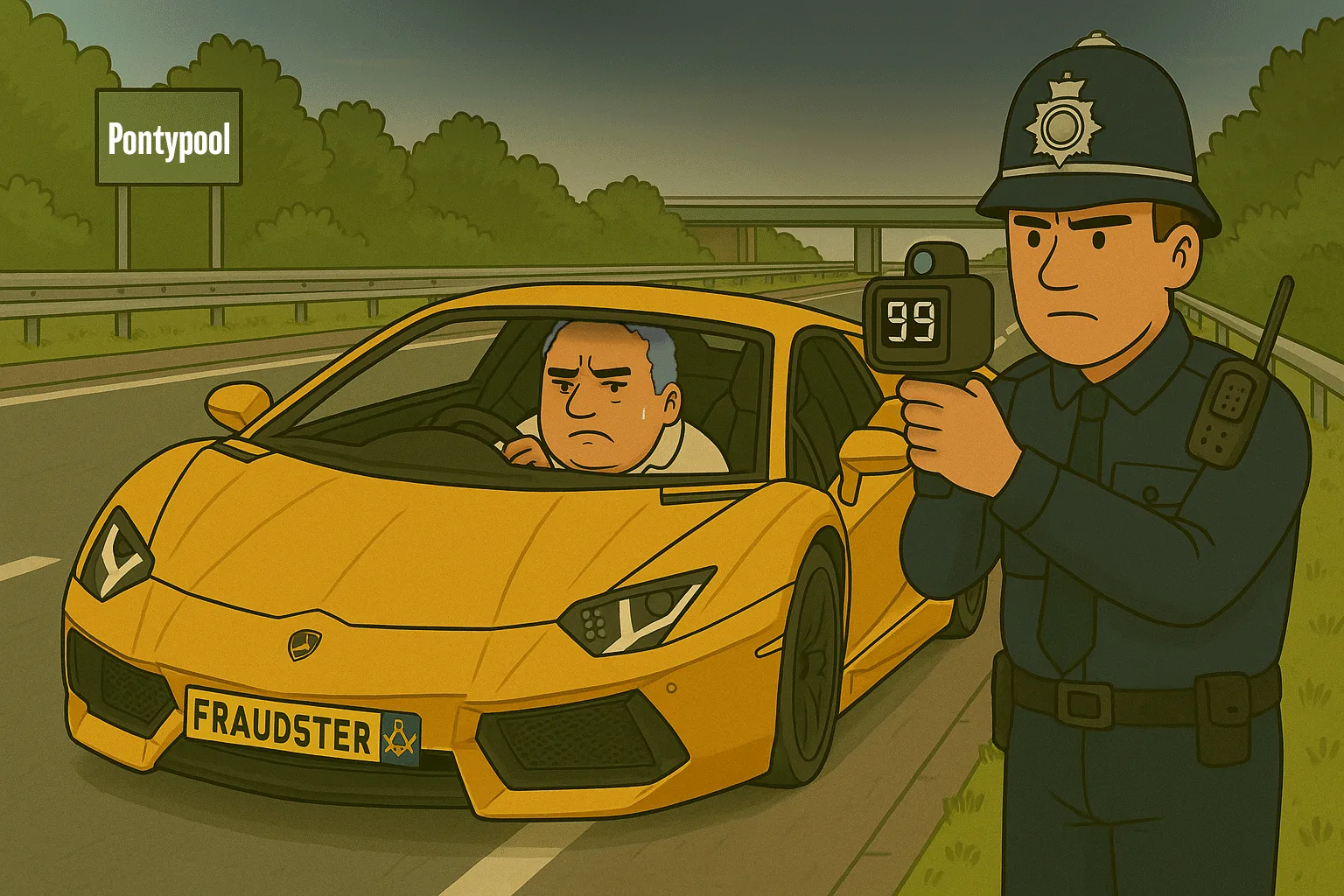 Depicts David Stanley Lewis speeding at 99mph in Pontypool